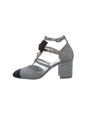 CHANEL Silver and Black T-Strap Heels with Bow